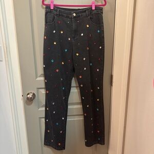 Black Jeans with Multicolor Embellished Dots